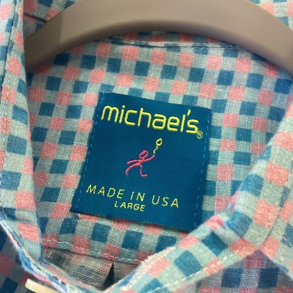 michael's Men's 100% Linen Shirt Made in USA size L pink blue check prints - Picture 3 of 11